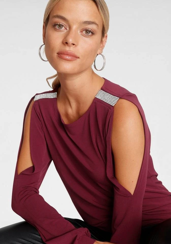 Melrose Langarmshirt mit Strassdetail Schwarz, Schwarz-weiß-rosé, Dunkelrot 3 Melrose Langarmshirt mit Strassdetail Schwarz, Schwarz-weiß-rosé, Dunkelrot – Bild 3