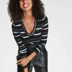 Melrose V-Ausschnitt-Pullover mit weichem Glitzergarn und Pailletten-Details Schwarz-grau-gestreift, Schwarz-royalblau-gestreift