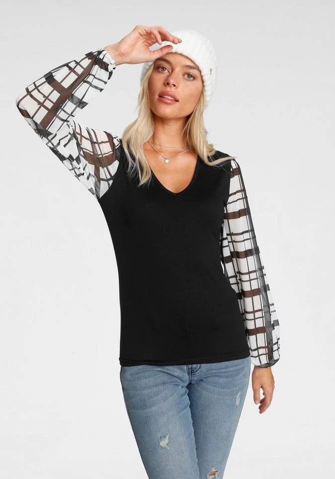 Melrose V-Shirt mit trransparenten, bedruckten Ärmeln Schwarz-weiß-gemustert, Schwarz-geblümt 9 Melrose V-Shirt mit trransparenten, bedruckten Ärmeln Schwarz-weiß-gemustert, Schwarz-geblümt – Bild 9