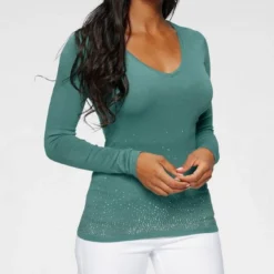 Melrose V-Ausschnitt-Pullover mit Strassdeko Hellgr&uuml;n, Schwarz, Apricot