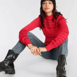 Melrose Stehkragenpullover mit transparenten Streifen und Ballonärmeln - NEUE KOLLEKTION Rot, Schwarz