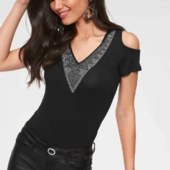 Melrose V-Shirt mit zweifarbigen Glitzersteinen