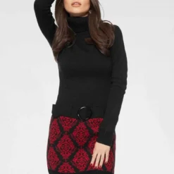 Melrose Strickkleid mit Ziergürtel Grau-schwarz, Schwarz-bordeaux, Schwarz-wei&szlig;, Braun-gestreift -Melrosesan Geschaft 36934473