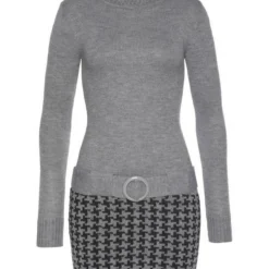 Melrose Strickkleid mit Ziergürtel Grau-schwarz, Schwarz-bordeaux, Schwarz-wei&szlig;, Braun-gestreift -Melrosesan Geschaft 36935322