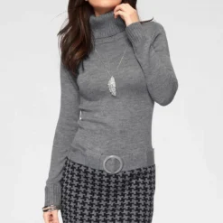 Melrosesan Geschaft 13 Melrose Strickkleid mit Ziergürtel Grau-schwarz, Schwarz-bordeaux, Schwarz-weiß, Braun-gestreift