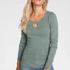 Melrose Rundhalspullover mit Zierperlen Lindgrün, Schwarz