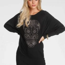 Melrose Fledermauspullover mit Glitzersteinen in Totenkopf-Optik