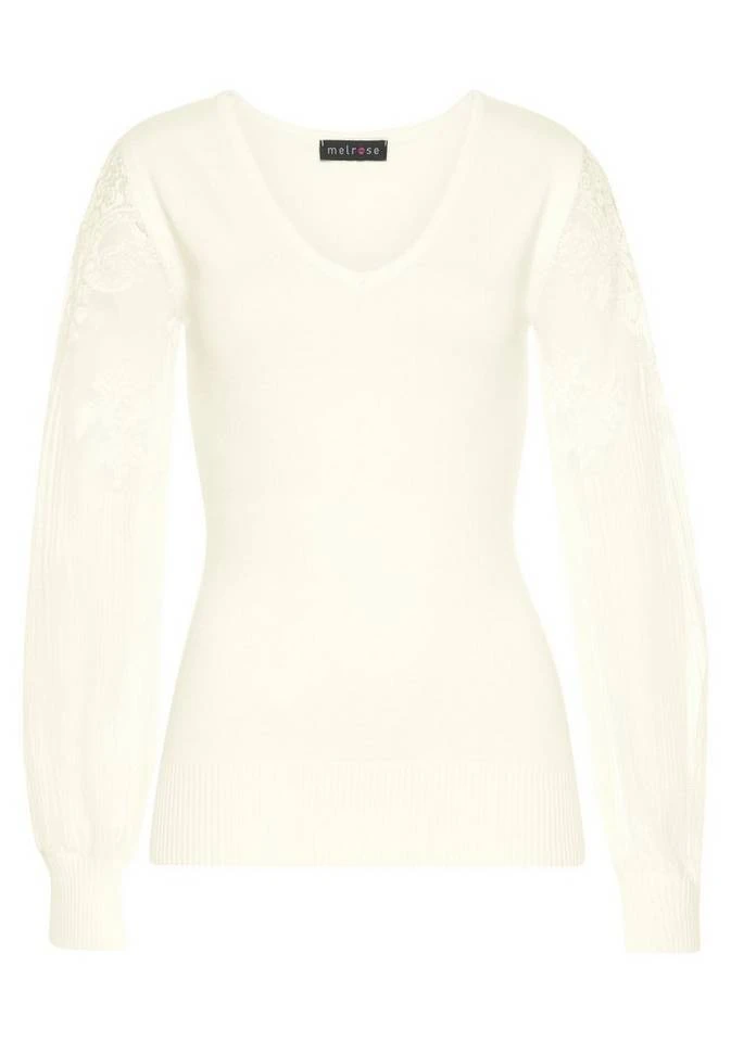 Melrose V-Ausschnitt-Pullover mit Ärmeln aus Spitze Schwarz, Wollweiß 7 Melrose V-Ausschnitt-Pullover mit Ärmeln aus Spitze Schwarz, Wollweiß – Bild 7