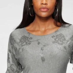 Melrose Fledermauspullover mit Blumenmuster und Glitzersteinen Grau-meliert, Dunkelgrau, Rosa -Melrosesan Geschaft 4d72e88e fcf3 55b3 8d89 70428b68c82e