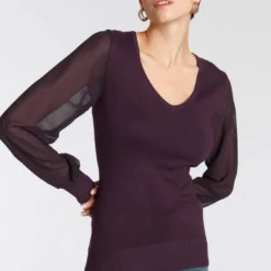 Melrose V-Ausschnitt-Pullover mit transparenten Chiffon-Ärmeln Rot, Dunkellila, Schwarz, Rosa