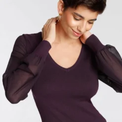 Melrose V-Ausschnitt-Pullover mit transparenten Chiffon-Ärmeln Rot, Dunkellila, Schwarz, Rosa 11 Melrose V-Ausschnitt-Pullover mit transparenten Chiffon-Ärmeln Rot, Dunkellila, Schwarz, Rosa -Melrosesan Geschaft 536056f5 c5b1 5a17 baed 5514121a3498