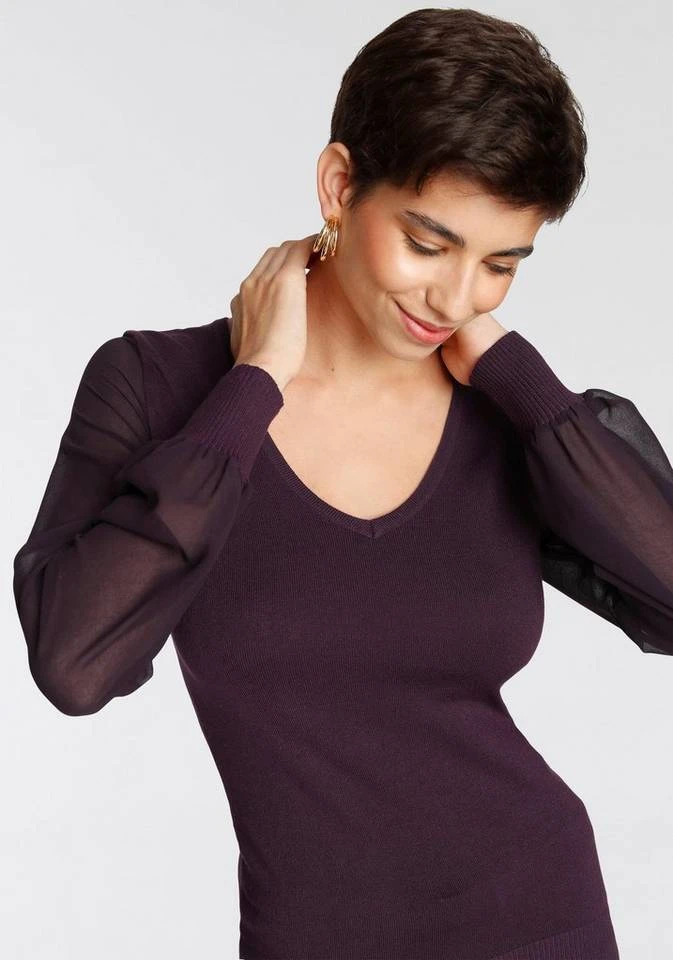 Melrose V-Ausschnitt-Pullover mit transparenten Chiffon-Ärmeln Rot, Dunkellila, Schwarz, Rosa 3 Melrose V-Ausschnitt-Pullover mit transparenten Chiffon-Ärmeln Rot, Dunkellila, Schwarz, Rosa – Bild 3