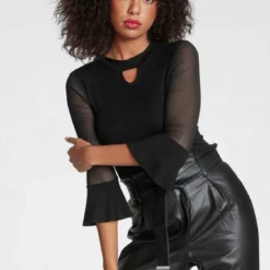 Melrose Rundhalsshirt mit Volantärmeln und Mesh