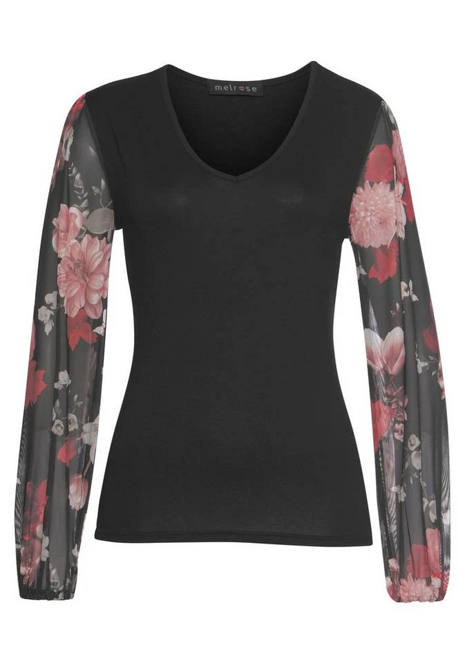 Melrose V-Shirt mit trransparenten, bedruckten Ärmeln Schwarz-weiß-gemustert, Schwarz-geblümt 6 Melrose V-Shirt mit trransparenten, bedruckten Ärmeln Schwarz-weiß-gemustert, Schwarz-geblümt – Bild 6