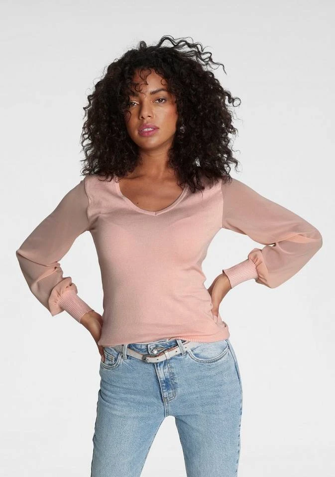 Melrose V-Ausschnitt-Pullover mit transparenten Chiffon-Ärmeln Rot, Dunkellila, Schwarz, Rosa 9 Melrose V-Ausschnitt-Pullover mit transparenten Chiffon-Ärmeln Rot, Dunkellila, Schwarz, Rosa – Bild 9