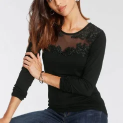 Melrose Rundhalsshirt mit Spitzen-Applikation