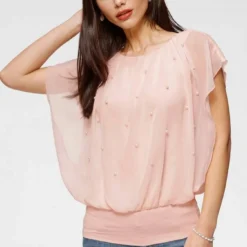 Melrose Chiffonbluse mit Zierperlen Marine, Rosa