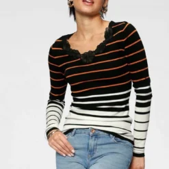 Melrose Streifenpullover mit Blumen-Spitze und Glitzersteinen