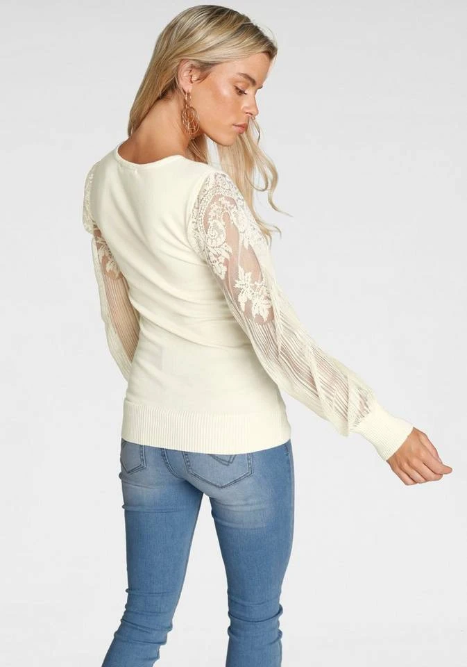 Melrose V-Ausschnitt-Pullover mit Ärmeln aus Spitze Schwarz, Wollweiß 2 Melrose V-Ausschnitt-Pullover mit Ärmeln aus Spitze Schwarz, Wollweiß – Bild 2