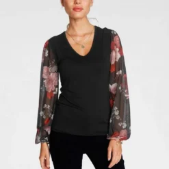 Melrose V-Shirt mit trransparenten, bedruckten Ärmeln Schwarz-wei&szlig;-gemustert, Schwarz-gebl&uuml;mt