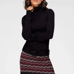 Melrose Strickkleid mit Ziergürtel Grau-schwarz, Schwarz-bordeaux, Schwarz-wei&szlig;, Braun-gestreift -Melrosesan Geschaft 88b6030e 1b76 517a a4fb f44f62cfced7