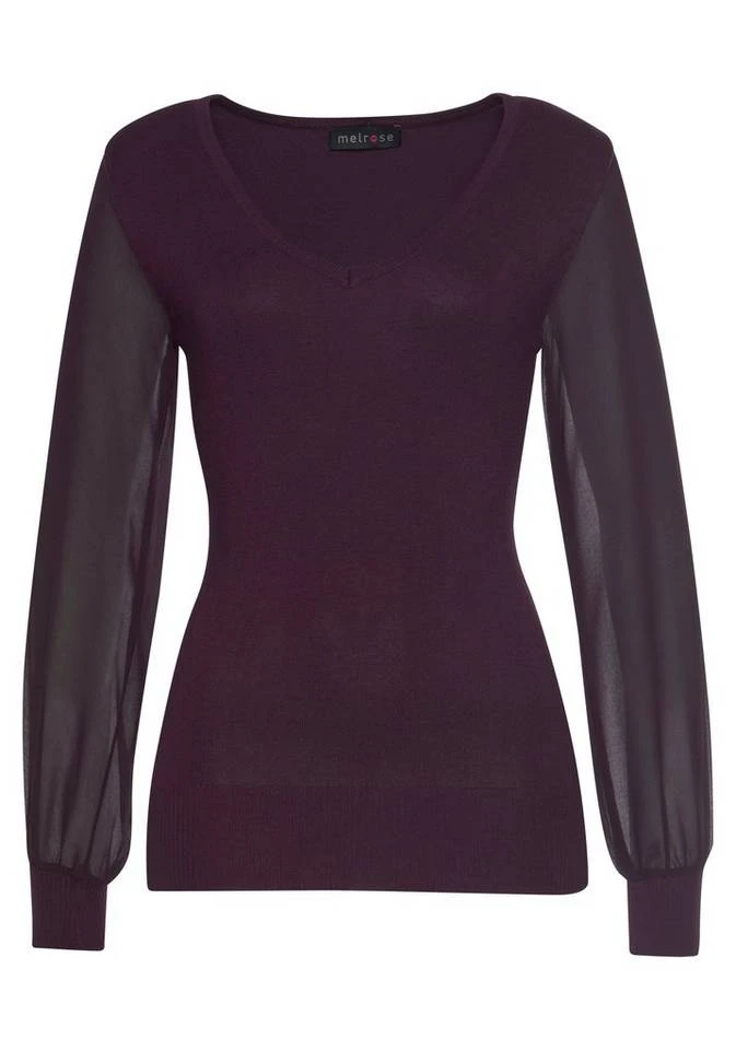 Melrose V-Ausschnitt-Pullover mit transparenten Chiffon-Ärmeln Rot, Dunkellila, Schwarz, Rosa 5 Melrose V-Ausschnitt-Pullover mit transparenten Chiffon-Ärmeln Rot, Dunkellila, Schwarz, Rosa – Bild 5