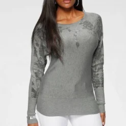 Melrose Fledermauspullover mit Blumenmuster und Glitzersteinen Grau-meliert, Dunkelgrau, Rosa