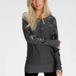 Melrose Fledermauspullover mit Blumenmuster und Glitzersteinen Grau-meliert, Dunkelgrau, Rosa -Melrosesan Geschaft a1db610f cca1 5598 97b5 9a72f283e8d5