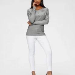 Melrose Fledermauspullover mit Blumenmuster und Glitzersteinen Grau-meliert, Dunkelgrau, Rosa -Melrosesan Geschaft a83494cf 0a5a 5d33 ab66 ebebcfbff631