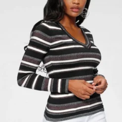 Melrose V-Ausschnitt-Pullover mit weichem Glitzergarn und Pailletten-Details Schwarz-grau-gestreift, Schwarz-royalblau-gestreift -Melrosesan Geschaft b70560df fc02 533b 9259 8d812cb7ac48