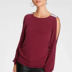 Melrose Langarmshirt mit Strassdetail Schwarz, Schwarz-wei&szlig;-ros&eacute;, Dunkelrot