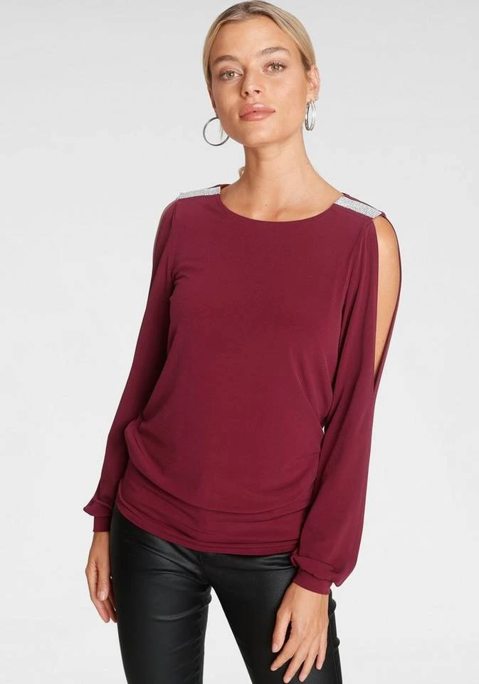 Melrose Langarmshirt mit Strassdetail Schwarz, Schwarz-weiß-rosé, Dunkelrot 1 Melrose Langarmshirt mit Strassdetail Schwarz, Schwarz-weiß-rosé, Dunkelrot