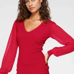 Melrose V-Ausschnitt-Pullover mit transparenten Chiffon-Ärmeln Rot, Dunkellila, Schwarz, Rosa 16 Melrose V-Ausschnitt-Pullover mit transparenten Chiffon-Ärmeln Rot, Dunkellila, Schwarz, Rosa -Melrosesan Geschaft bf569840 4aab 5b8c 851c 6ffee8804bc1