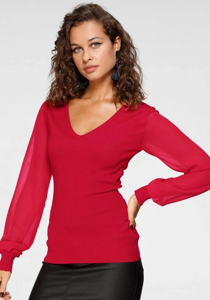 Melrose V-Ausschnitt-Pullover mit transparenten Chiffon-Ärmeln Rot, Dunkellila, Schwarz, Rosa 8 Melrose V-Ausschnitt-Pullover mit transparenten Chiffon-Ärmeln Rot, Dunkellila, Schwarz, Rosa – Bild 8
