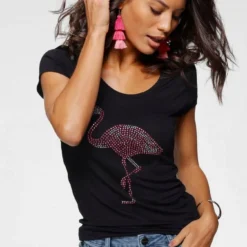 Melrosesan Geschaft 5 Melrose Rundhalsshirt mit Flamingo aus Glitzersteinen