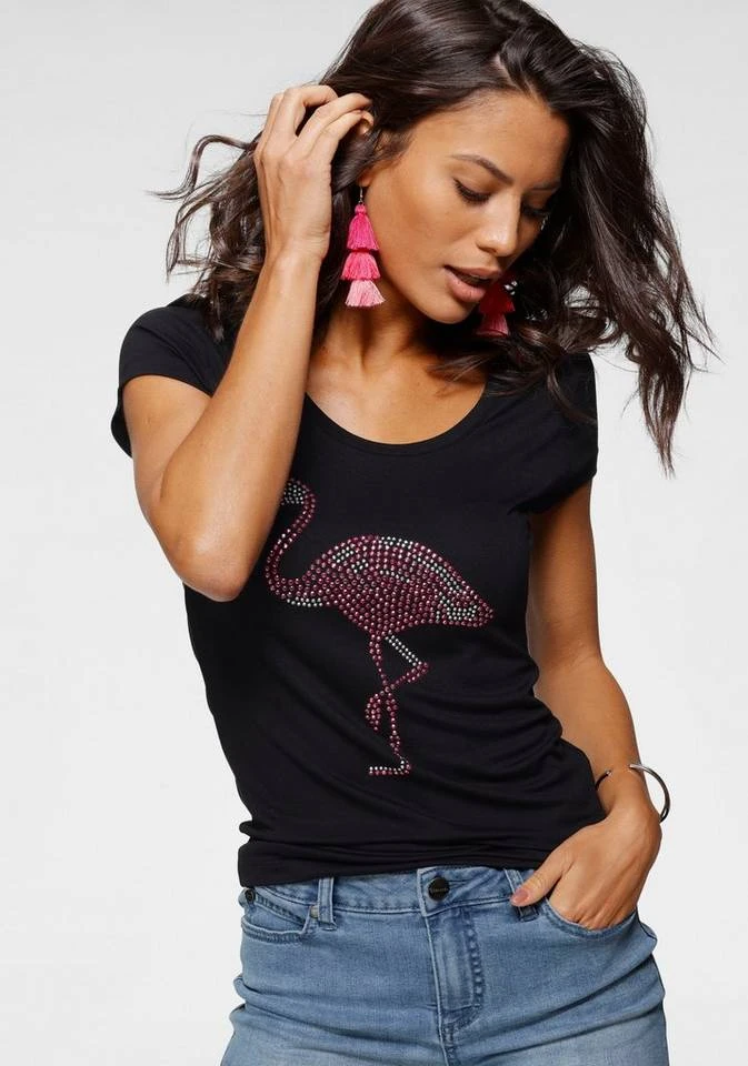 Melrose Rundhalsshirt mit Flamingo aus Glitzersteinen 1 Melrose Rundhalsshirt mit Flamingo aus Glitzersteinen