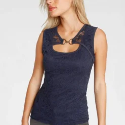 Melrose Spitzentop mit Zierschnalle Dunkelblau, Schwarz