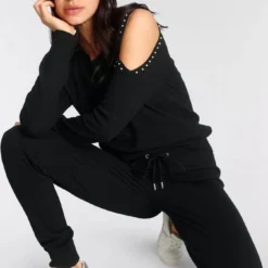 Melrose Freizeitanzug, aus Strick mit Perlen-Details - NEUE KOLLEKTION Schwarz, Beige-meliert