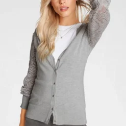 Melrose Strickjacke mit Ärmeln aus Spitze Schwarz, Hellgrau