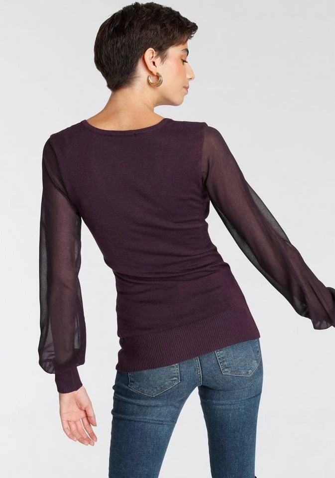 Melrose V-Ausschnitt-Pullover mit transparenten Chiffon-Ärmeln Rot, Dunkellila, Schwarz, Rosa 2 Melrose V-Ausschnitt-Pullover mit transparenten Chiffon-Ärmeln Rot, Dunkellila, Schwarz, Rosa – Bild 2