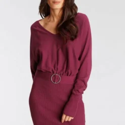 Melrose Strickkleid mit Fledermaus-Oberteil und Ziergürtel - NEUE KOLLEKTION Beere, Schwarz -Melrosesan Geschaft e0f3ec6c cbff 5261 a11b 1648a033c212