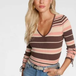 Melrose V-Ausschnitt-Pullover mit Glitzergarn und Schnürung